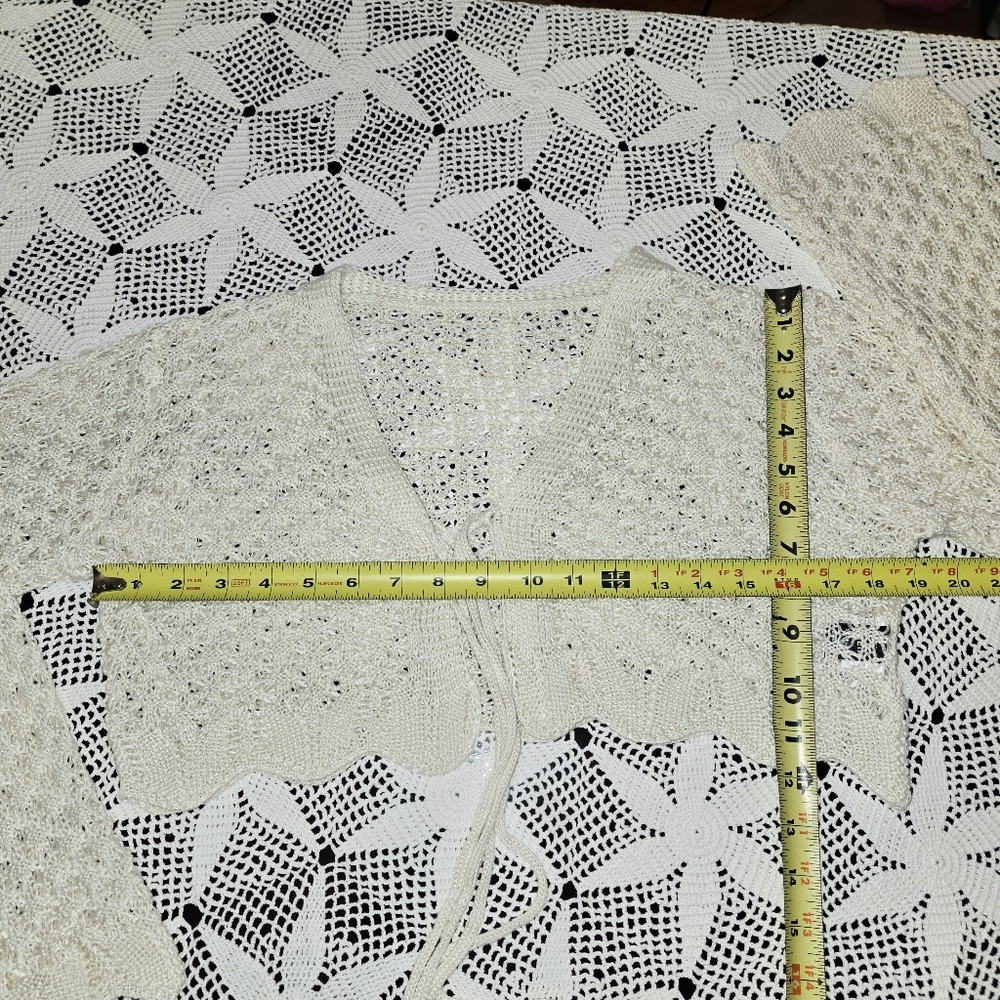 Crochet Tie Front Scallop Trim, Trumpet Sleeve Cropped Cardigan Boho Festival - Picture 5 of 10
